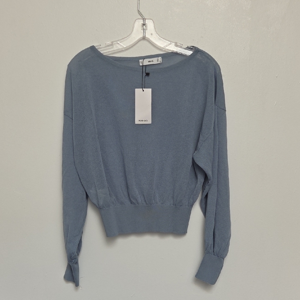 Mango Stone Silver Grsy  Boat Neck Bishops Long Sleeve Knitted Top Sz S Sweater